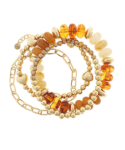 4 Row Bead Heart Charm Bracelet Set