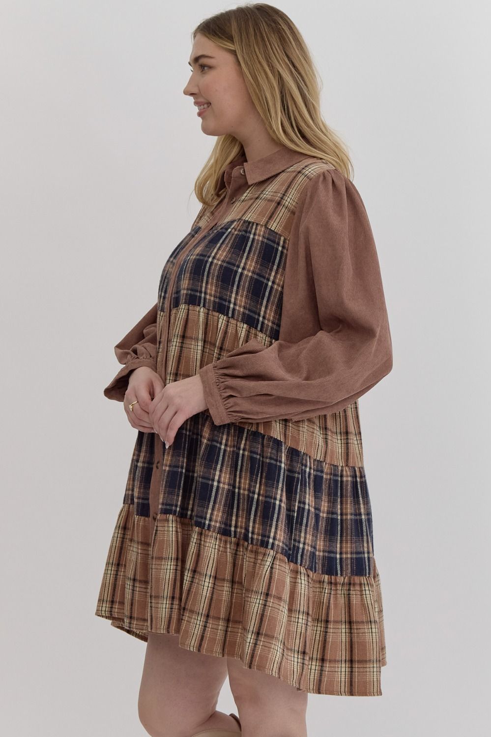 Corduroy Plaid TieredMini Dress