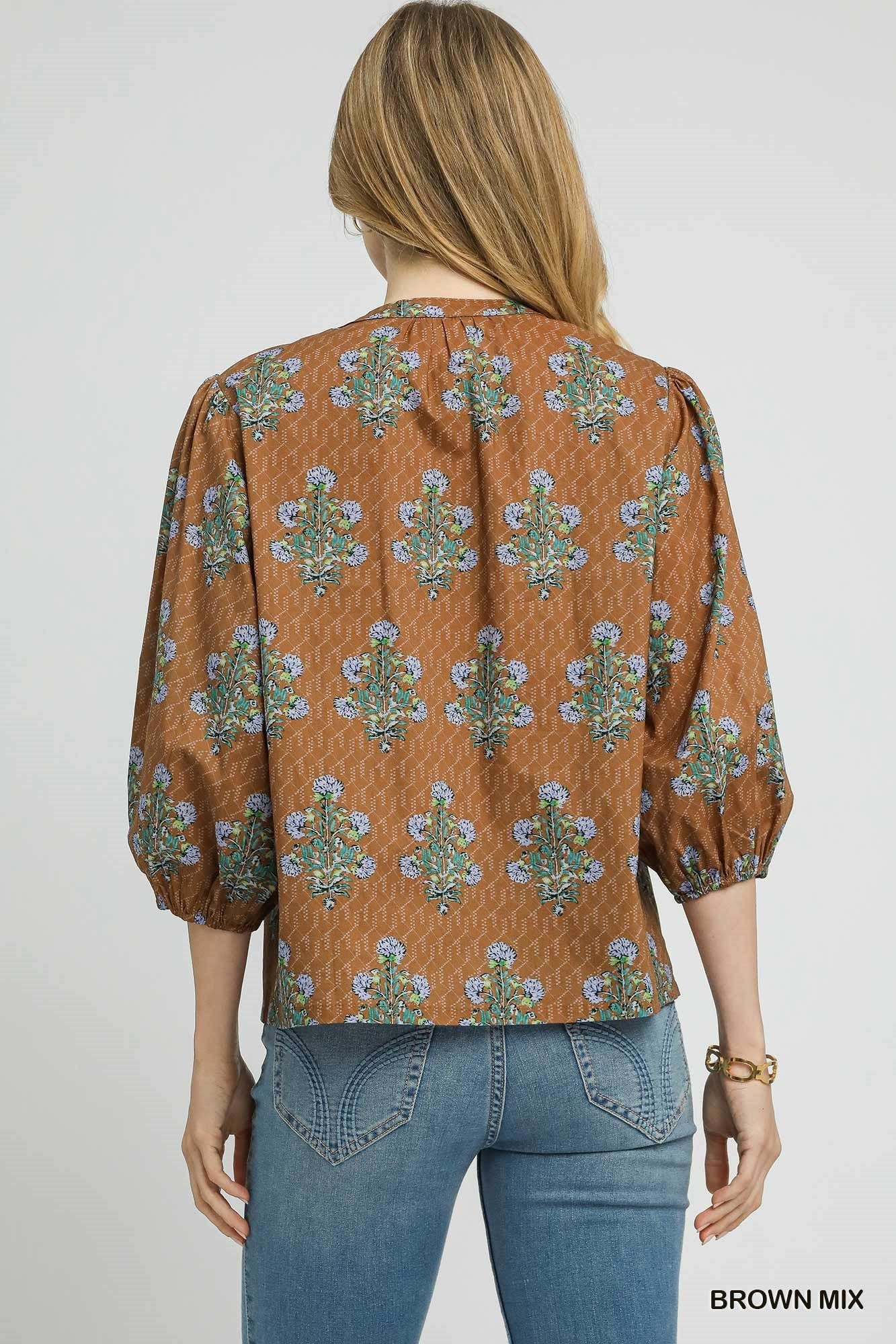 Mix Floral Tie-Neck Blouse