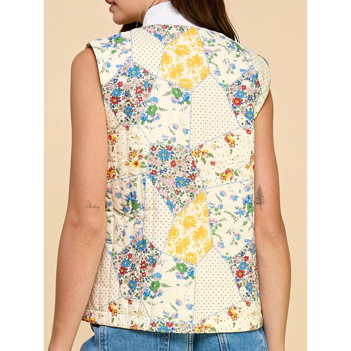 Multi Flower Quilted Vest with Front Ribbon