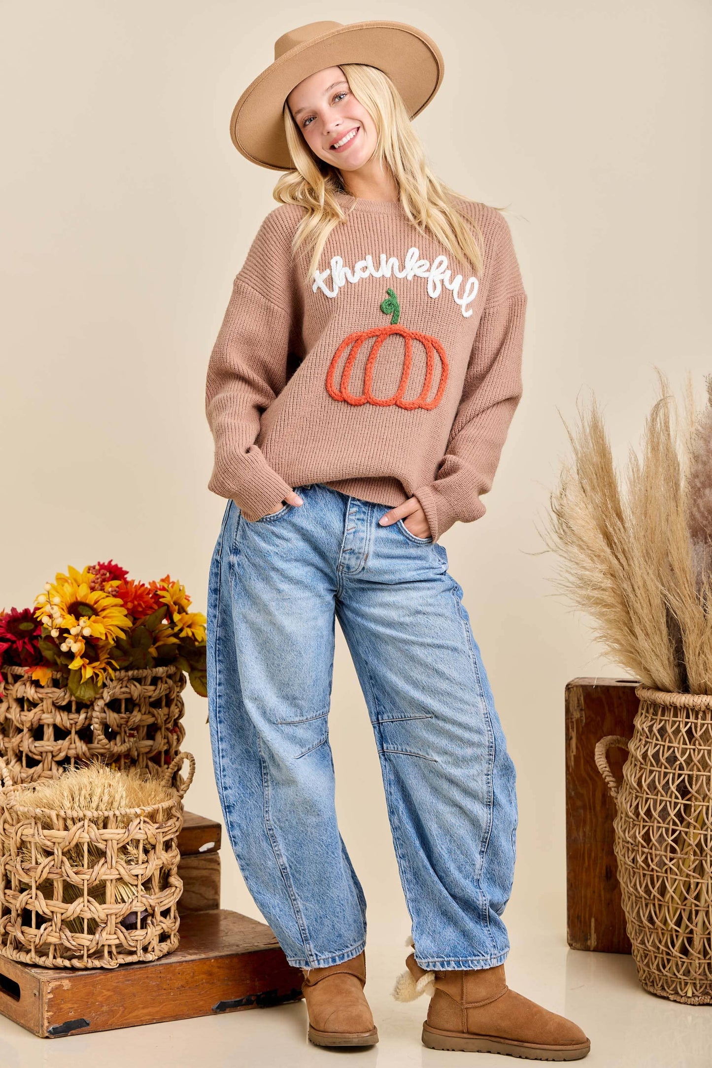 Thankful Pumpkin Embroidered Sweater