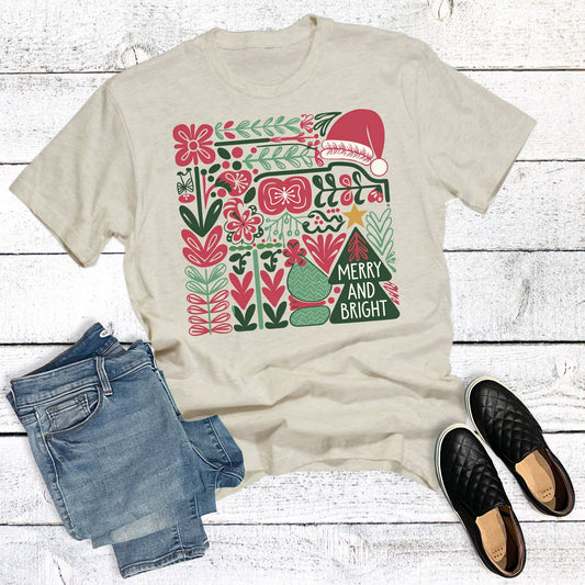 Retro Floral Merry and Bright Christmas Graphic Tee