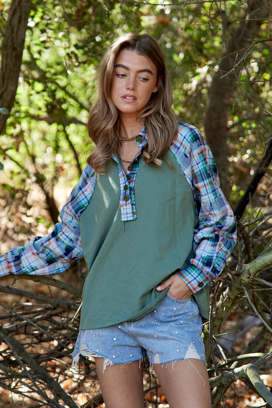 Plaid Contrast Button Down Henley Top