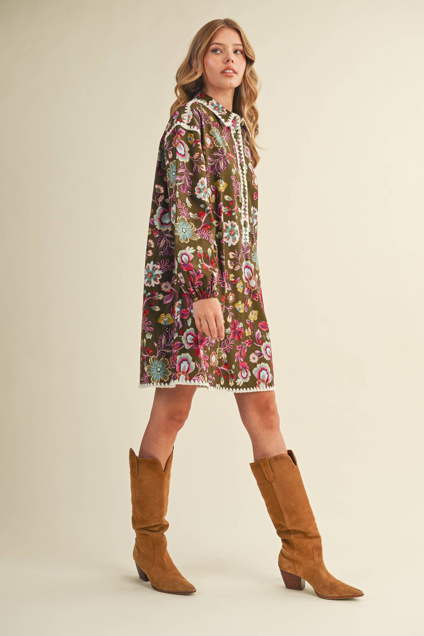 EXCLUSIVE PRINT BLANKET STITCH BUTTONED MINI DRESS