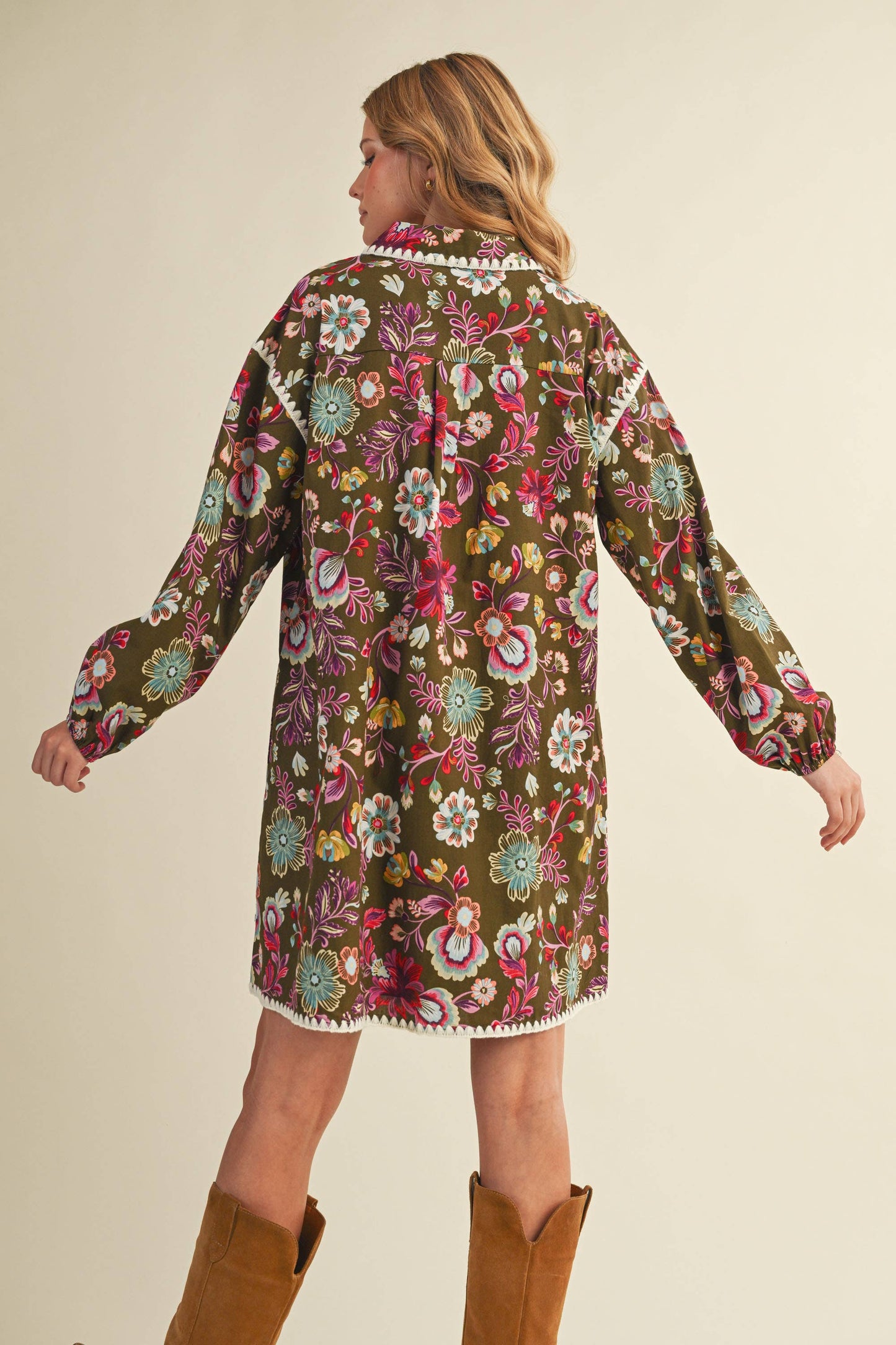 EXCLUSIVE PRINT BLANKET STITCH BUTTONED MINI DRESS