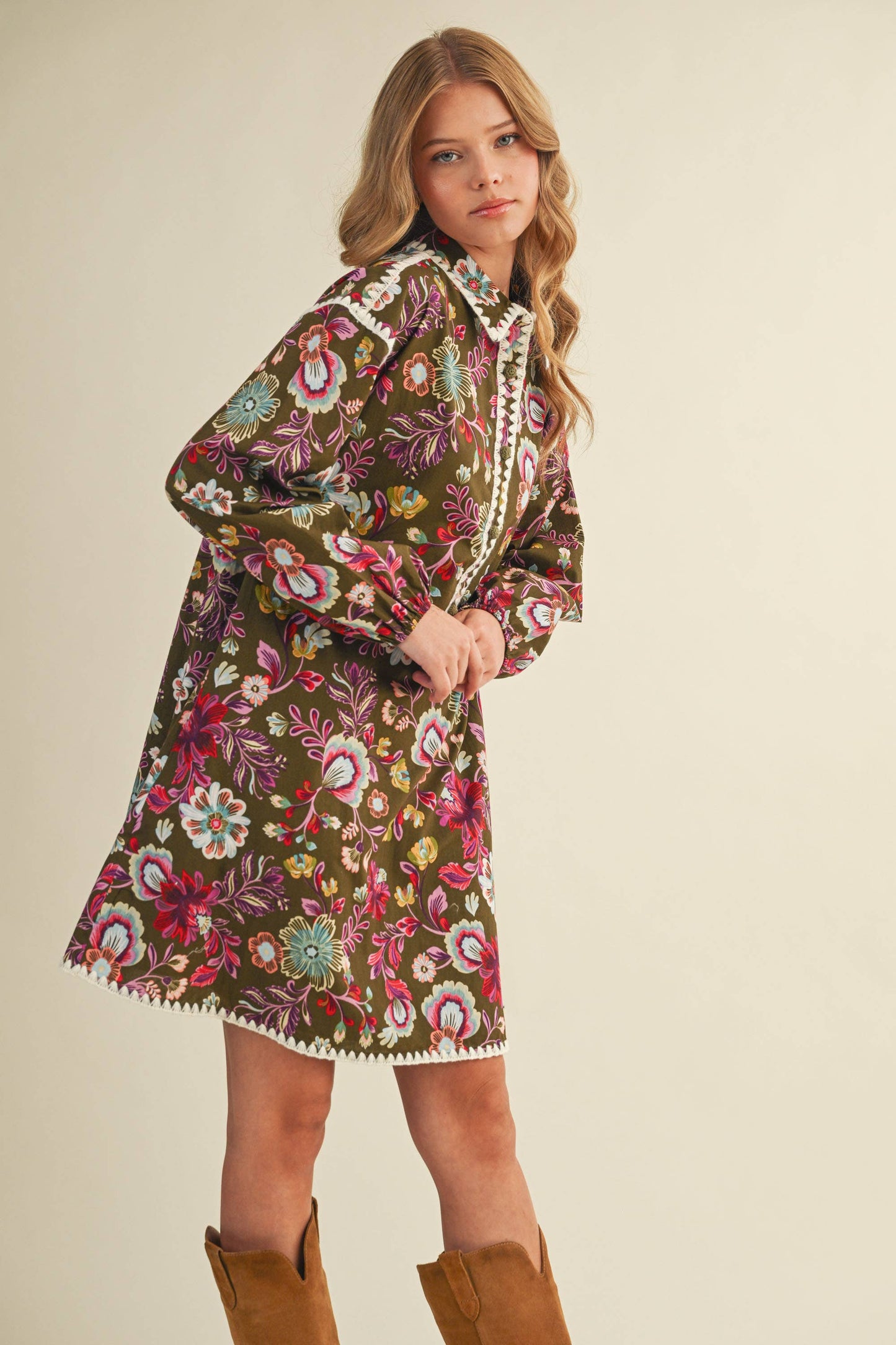 EXCLUSIVE PRINT BLANKET STITCH BUTTONED MINI DRESS