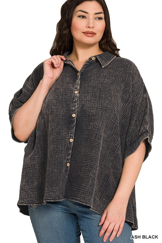 Plus Washed Gauze Half Sleeve Shirt