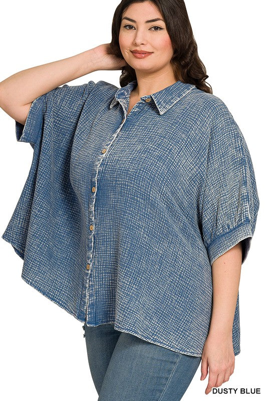 Plus Washed Gauze Half Sleeve Shirt