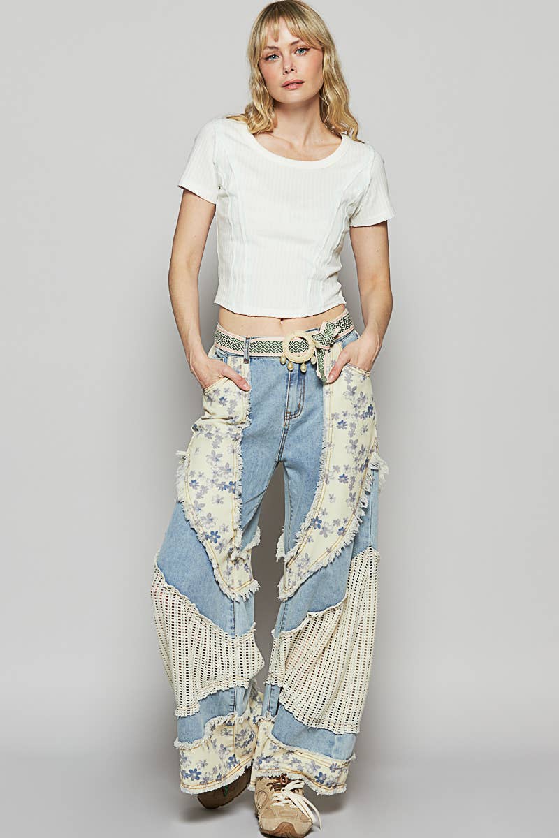 Floral print crochet contrast casual jeans