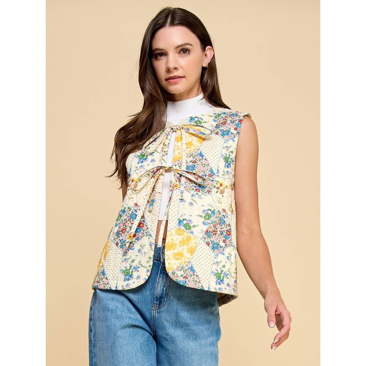 Multi Flower Quilted Vest with Front Ribbon