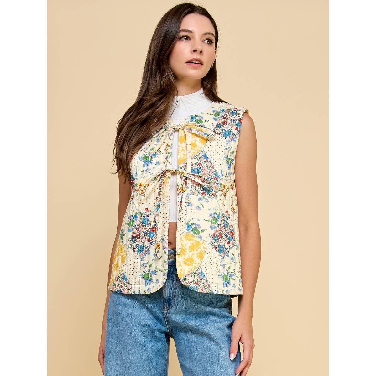 Multi Flower Quilted Vest with Front Ribbon