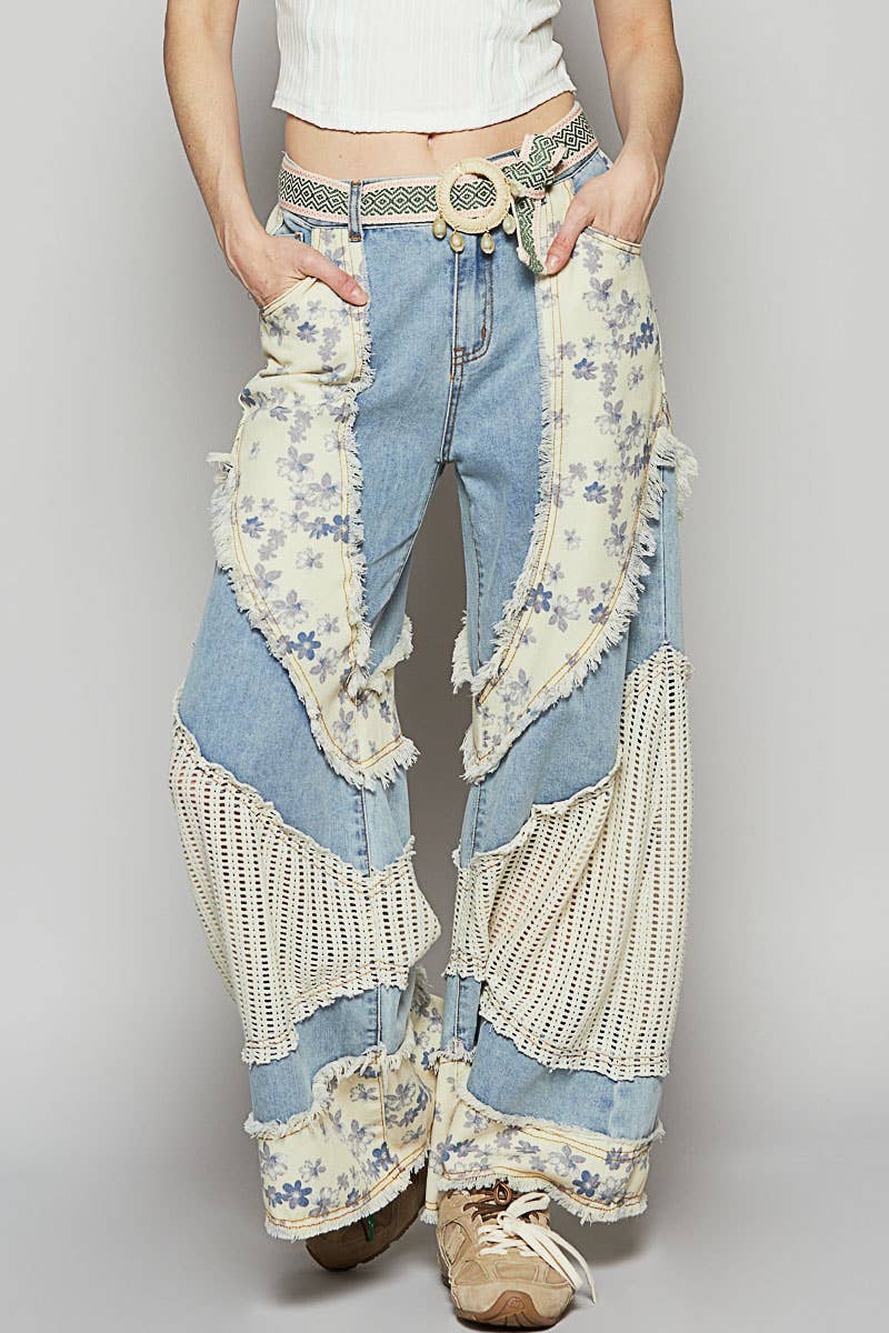 Floral print crochet contrast casual jeans