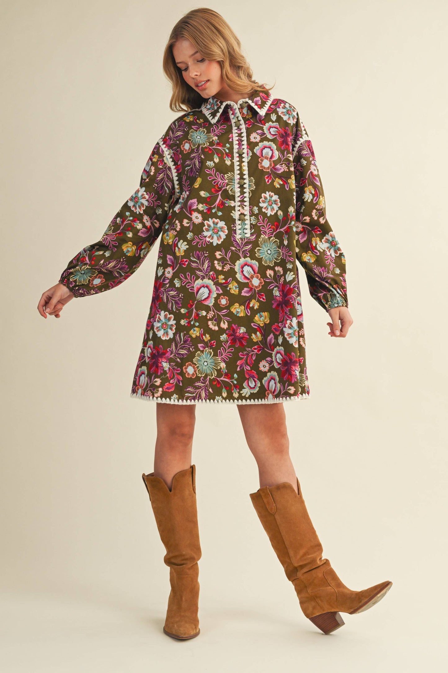 EXCLUSIVE PRINT BLANKET STITCH BUTTONED MINI DRESS