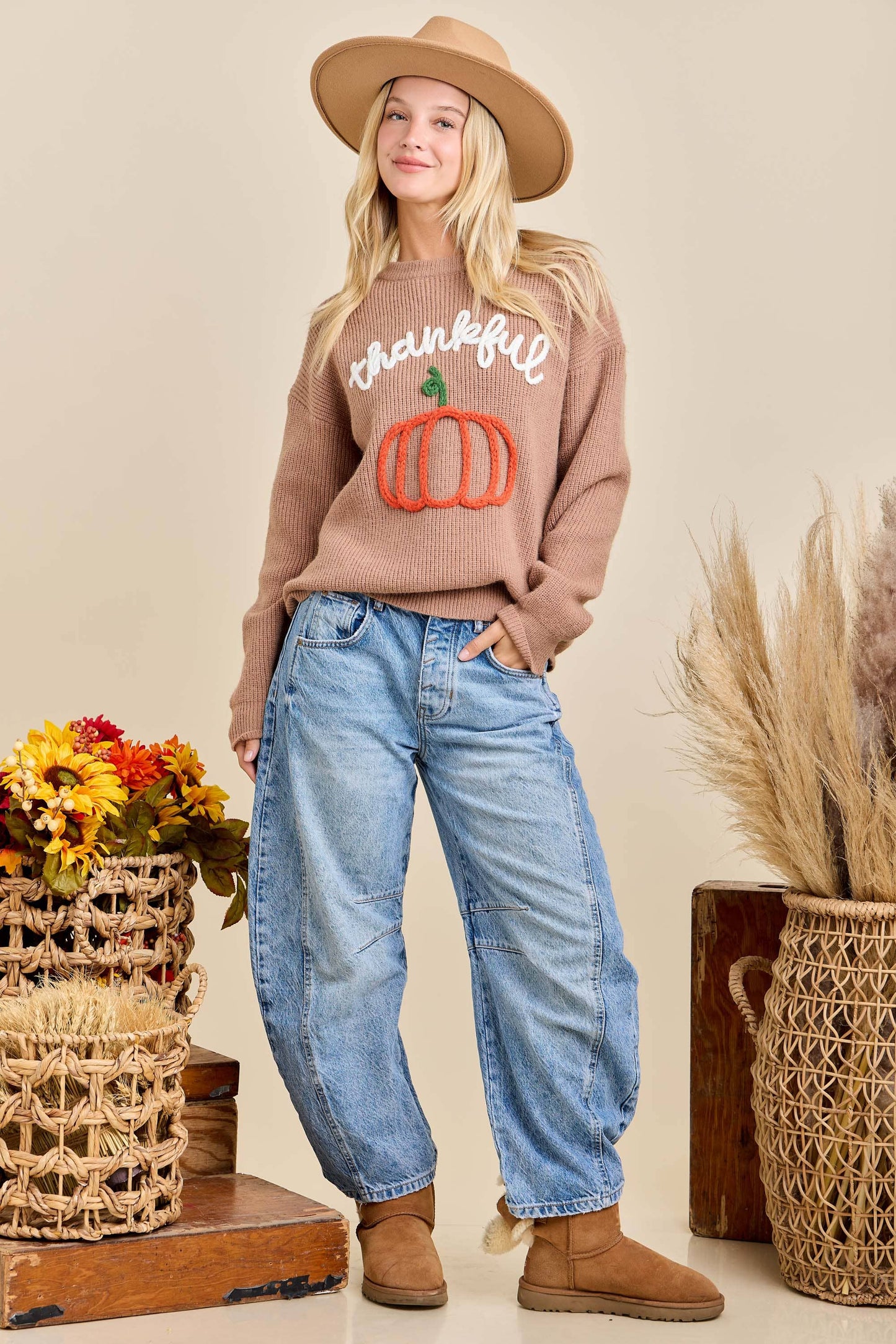 Thankful Pumpkin Embroidered Sweater