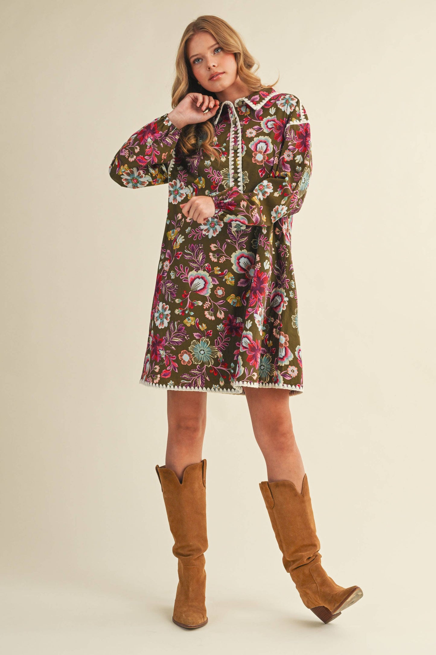 EXCLUSIVE PRINT BLANKET STITCH BUTTONED MINI DRESS