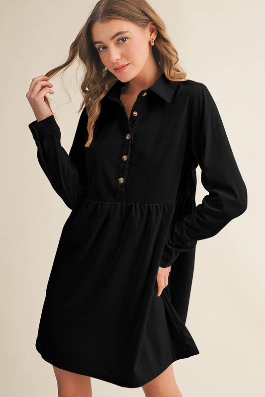 Corduroy Half Button Collared Long Sleeve Mini Dress
