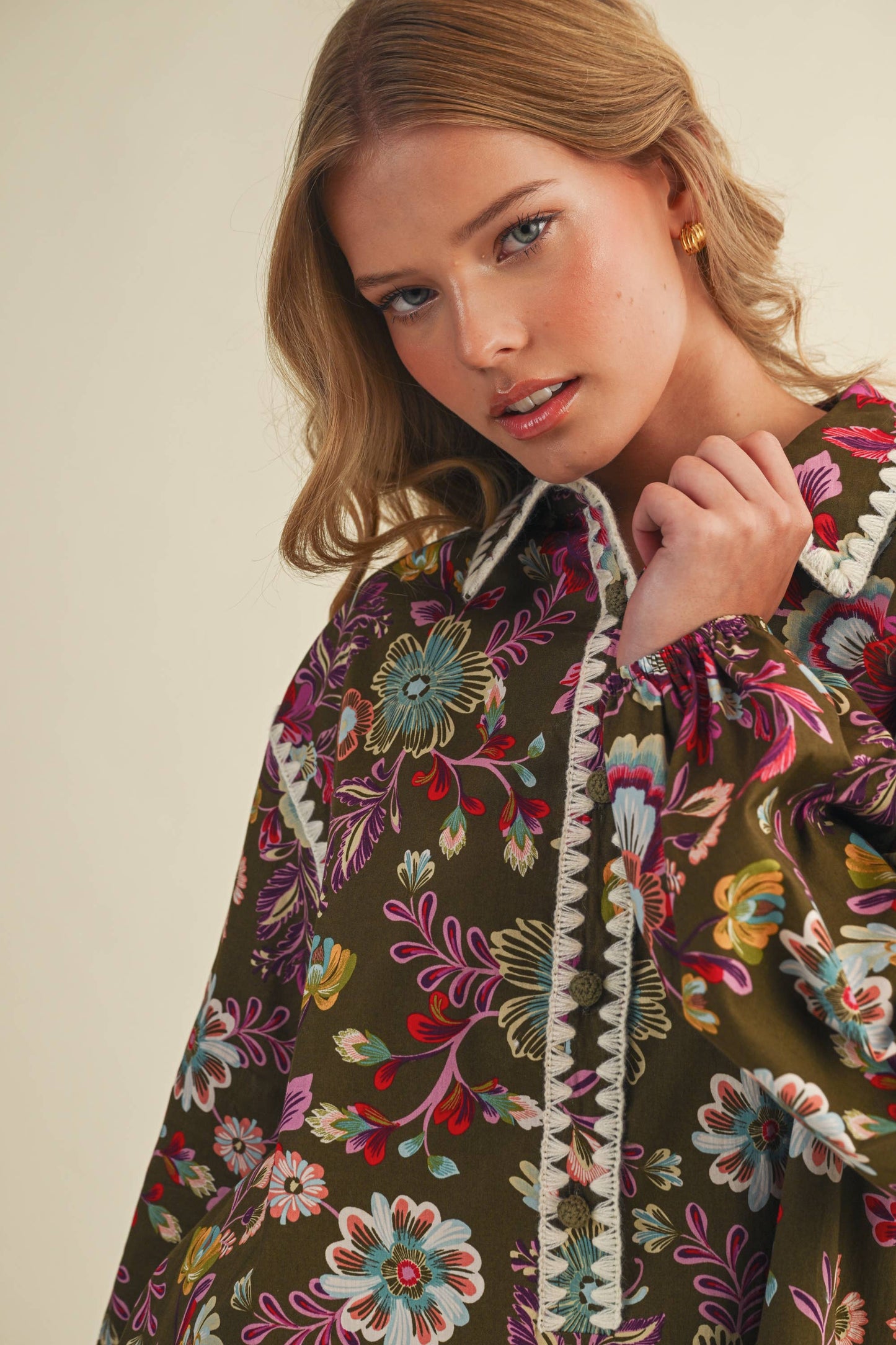 EXCLUSIVE PRINT BLANKET STITCH BUTTONED MINI DRESS