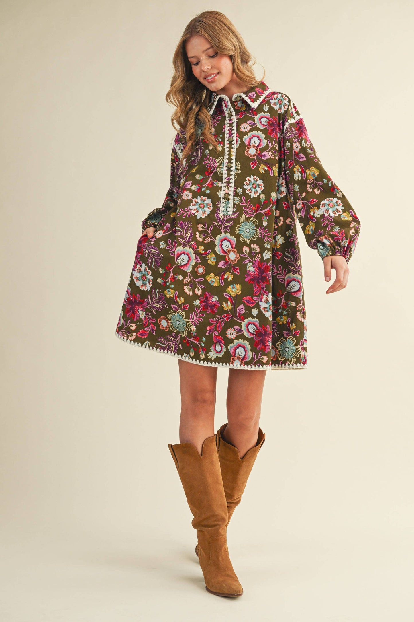 EXCLUSIVE PRINT BLANKET STITCH BUTTONED MINI DRESS