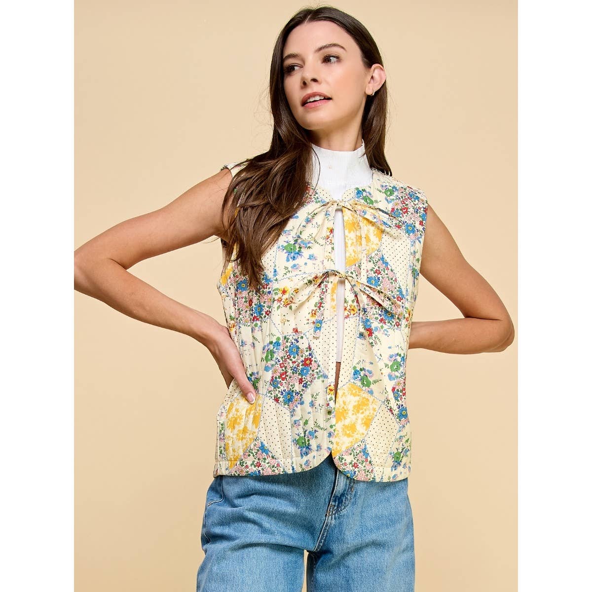 Multi Flower Quilted Vest with Front Ribbon