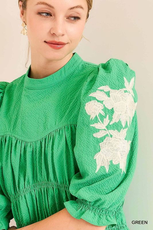 Peplum Blouse/Embroidered Puff Sleeve