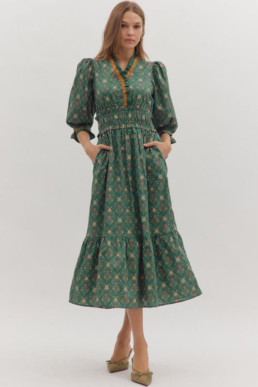 Floral Puff Sleeve Midi Dress