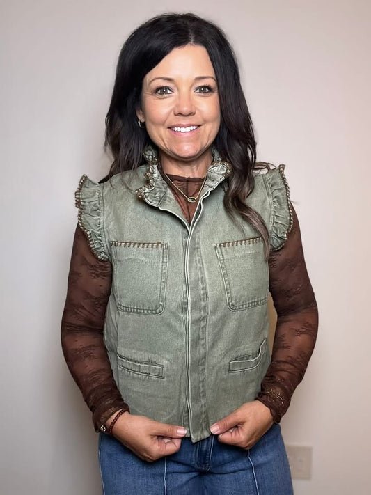 Washed Denim Stitch Ruffled Vest