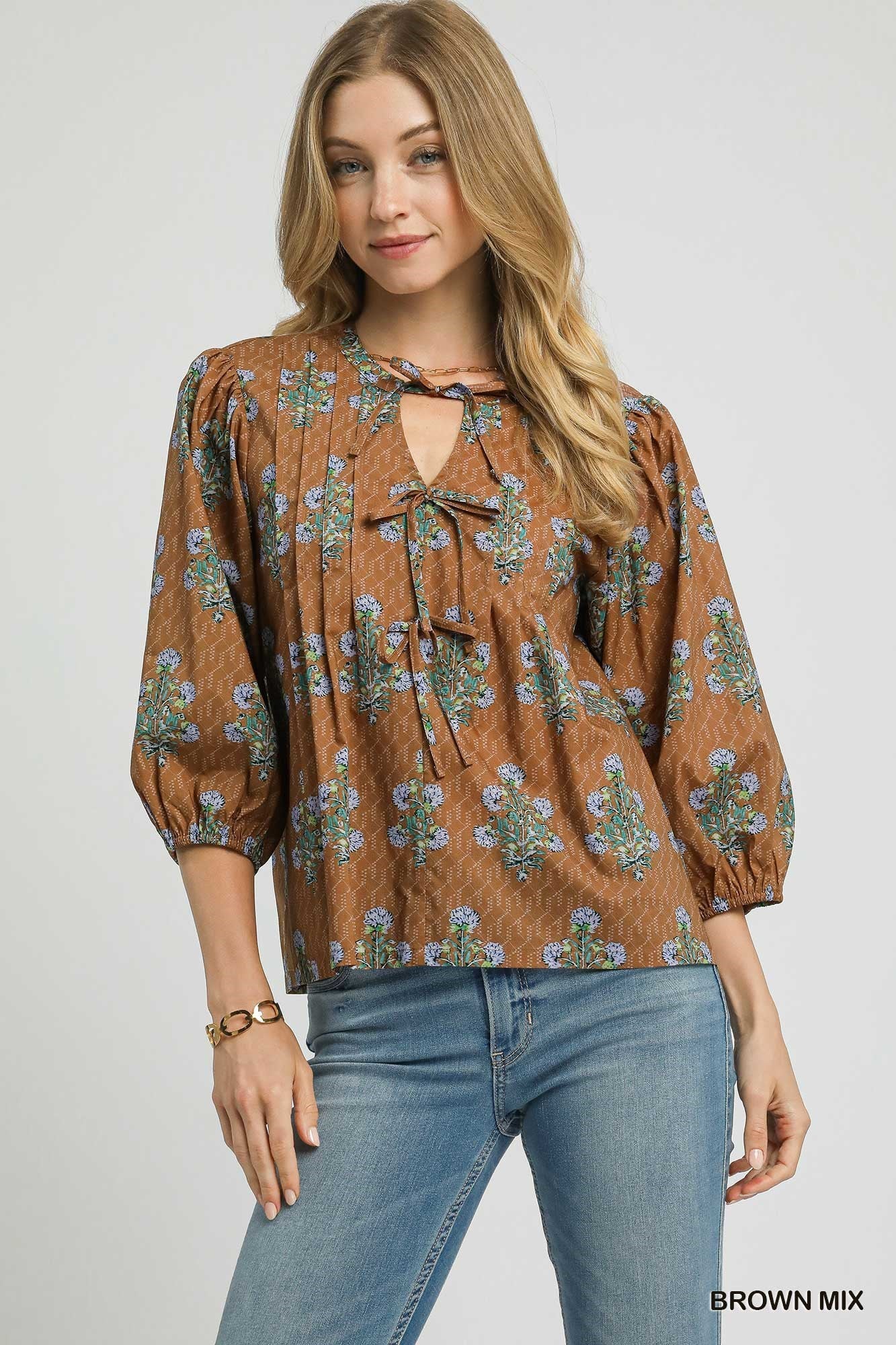 Mix Floral Tie-Neck Blouse