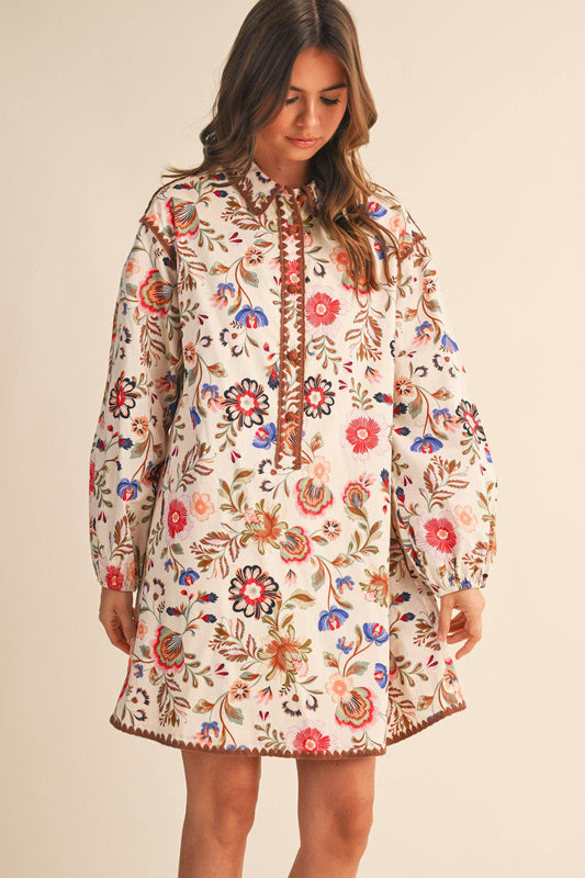 EXCLUSIVE PRINT BLANKET STITCH BUTTONED MINI DRESS