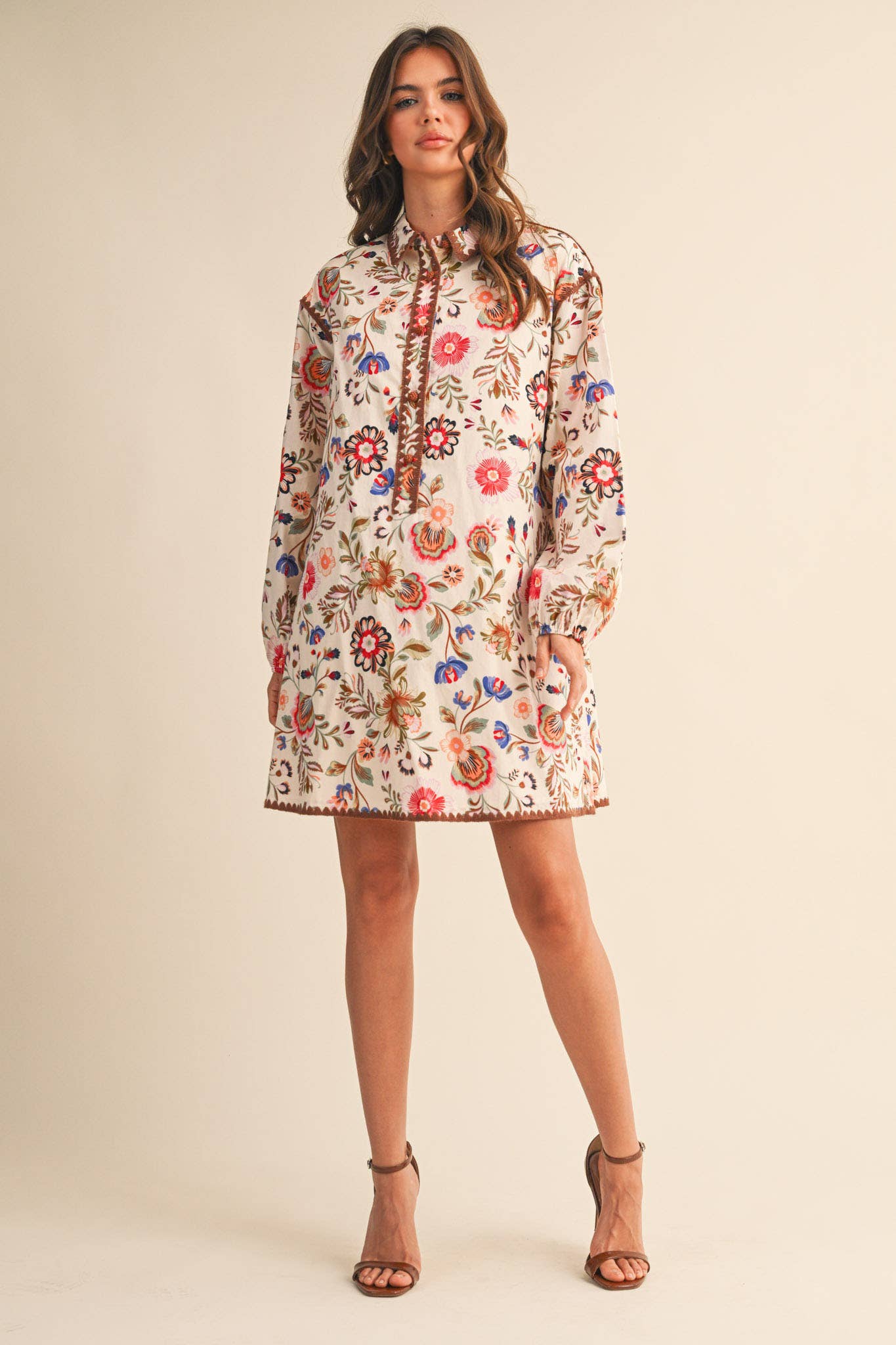 EXCLUSIVE PRINT BLANKET STITCH BUTTONED MINI DRESS