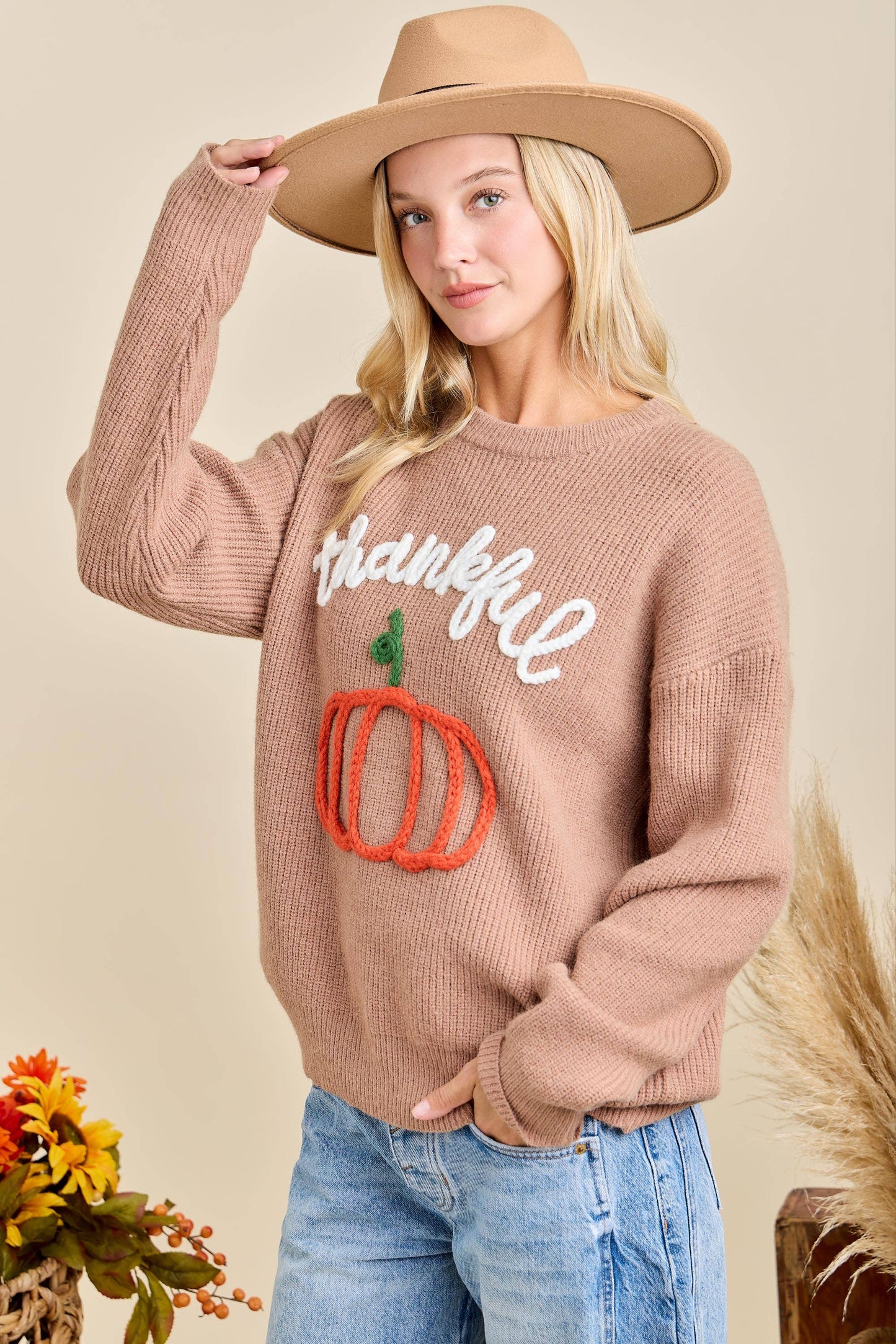 Thankful Pumpkin Embroidered Sweater