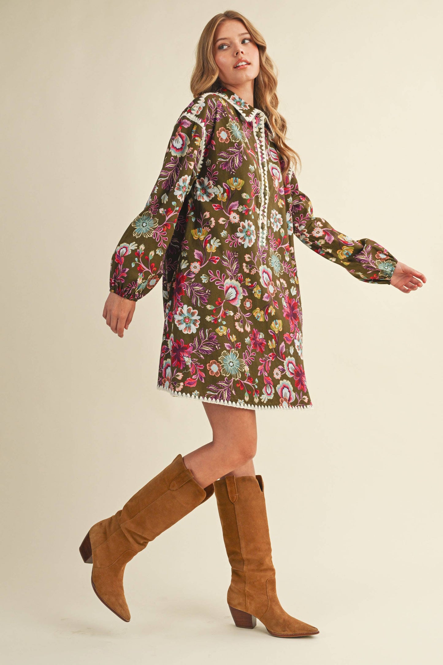 EXCLUSIVE PRINT BLANKET STITCH BUTTONED MINI DRESS
