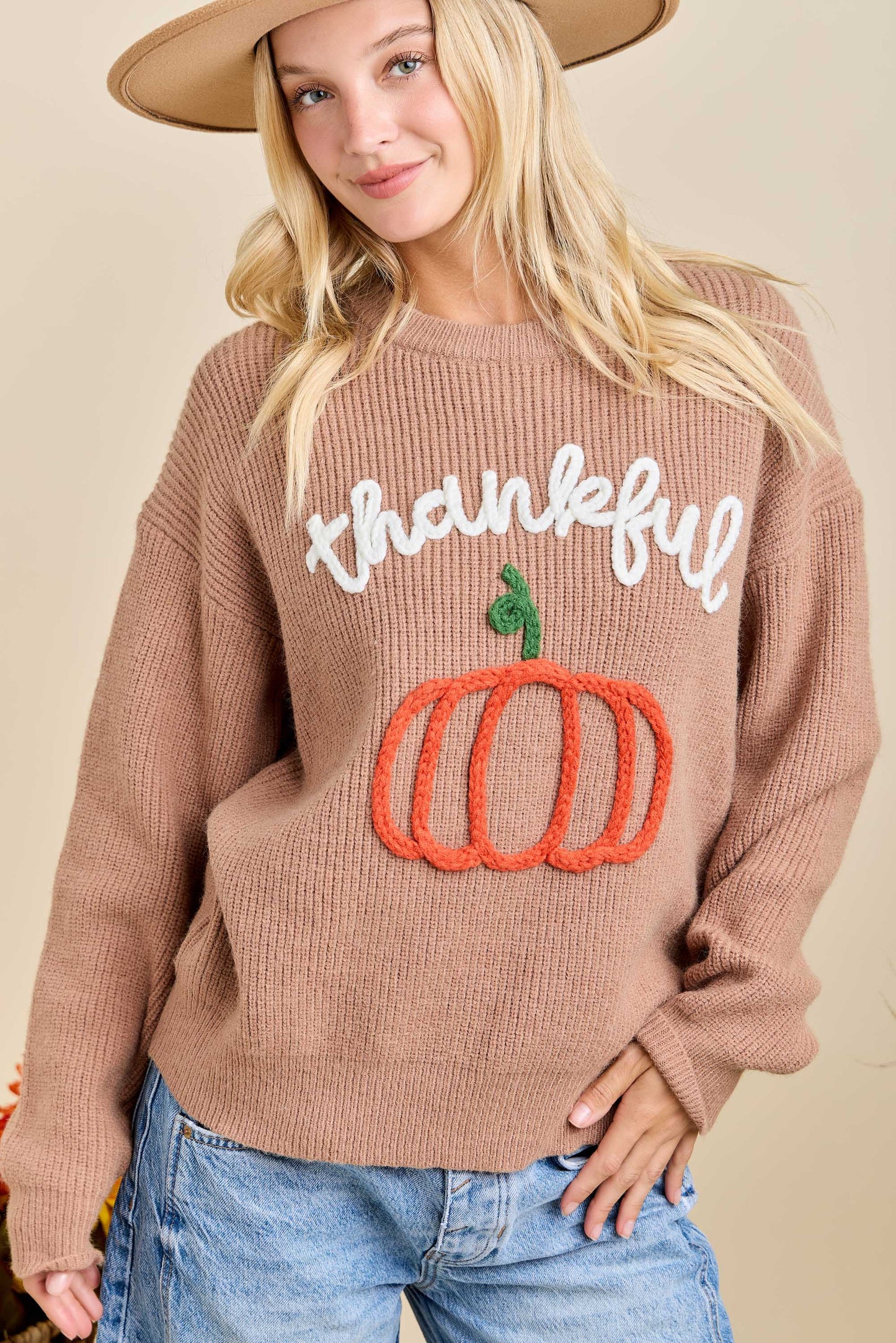 Thankful Pumpkin Embroidered Sweater