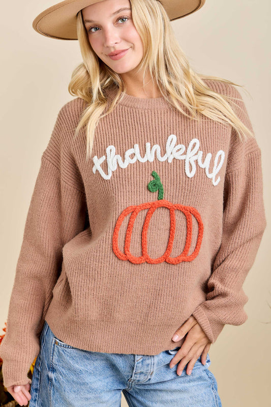 Thankful Pumpkin Embroidered Sweater