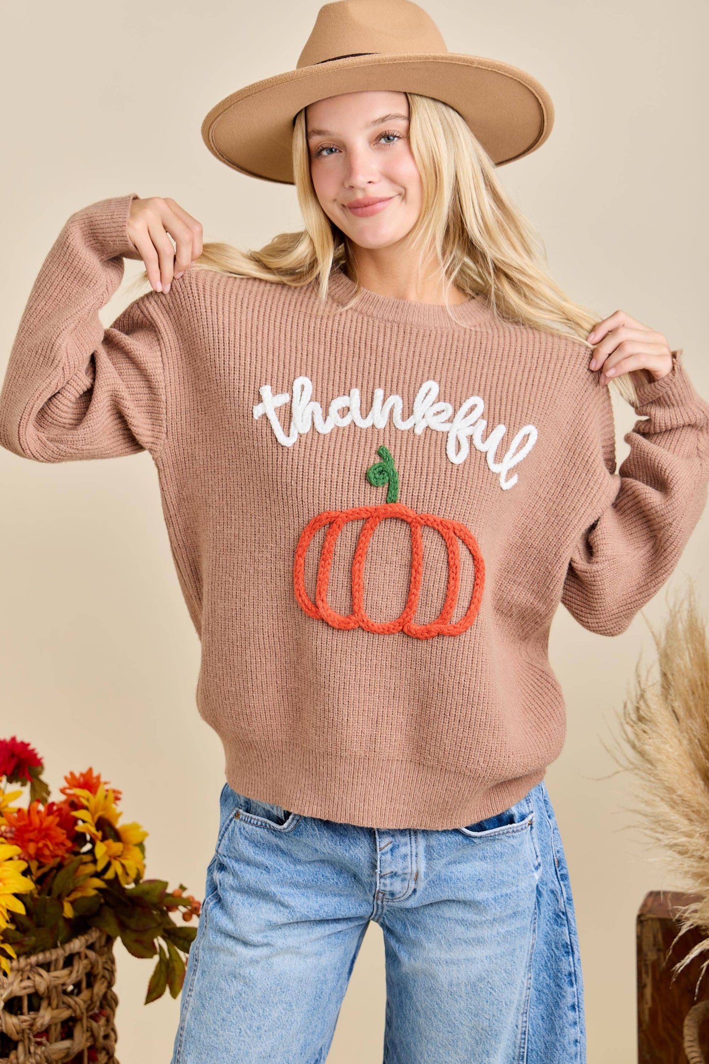Thankful Pumpkin Embroidered Sweater