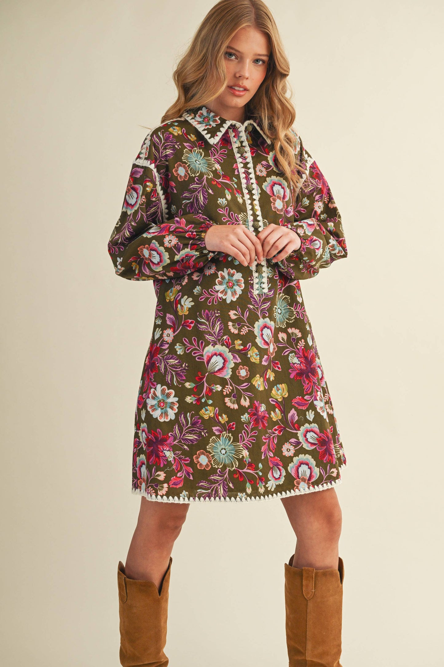 EXCLUSIVE PRINT BLANKET STITCH BUTTONED MINI DRESS