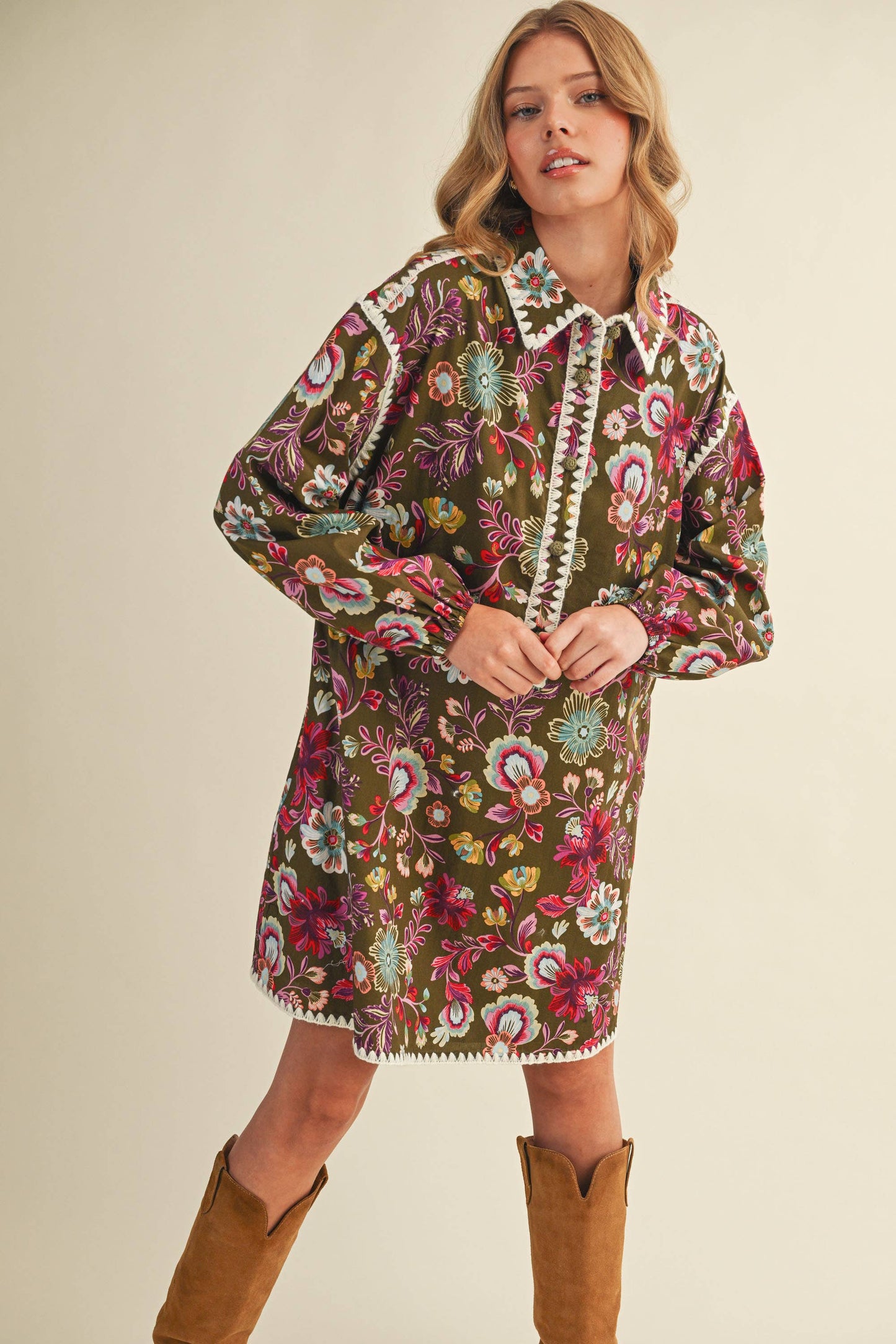 EXCLUSIVE PRINT BLANKET STITCH BUTTONED MINI DRESS