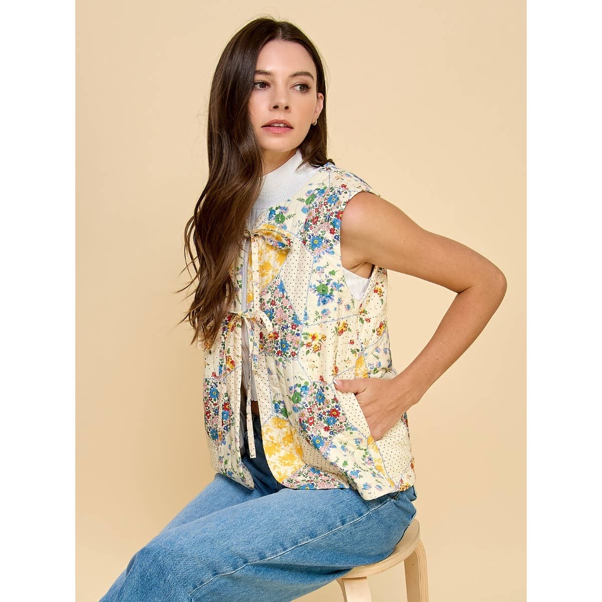 Multi Flower Quilted Vest with Front Ribbon