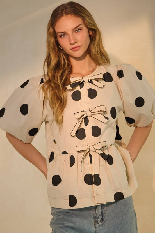Polka Dot Printed Puffed Sleeve Blouse