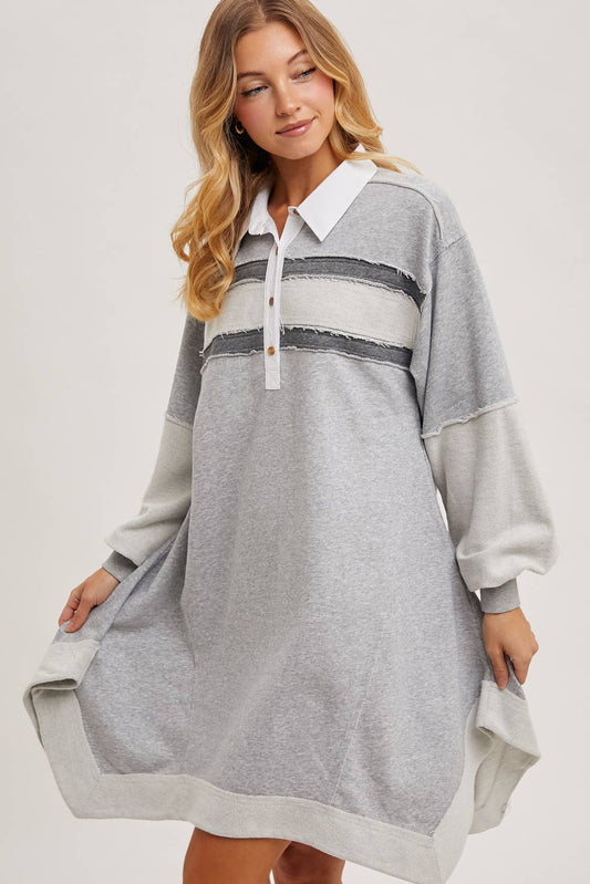 RAW-EDGE CONTRAST SLOUCHY POLO DRESS