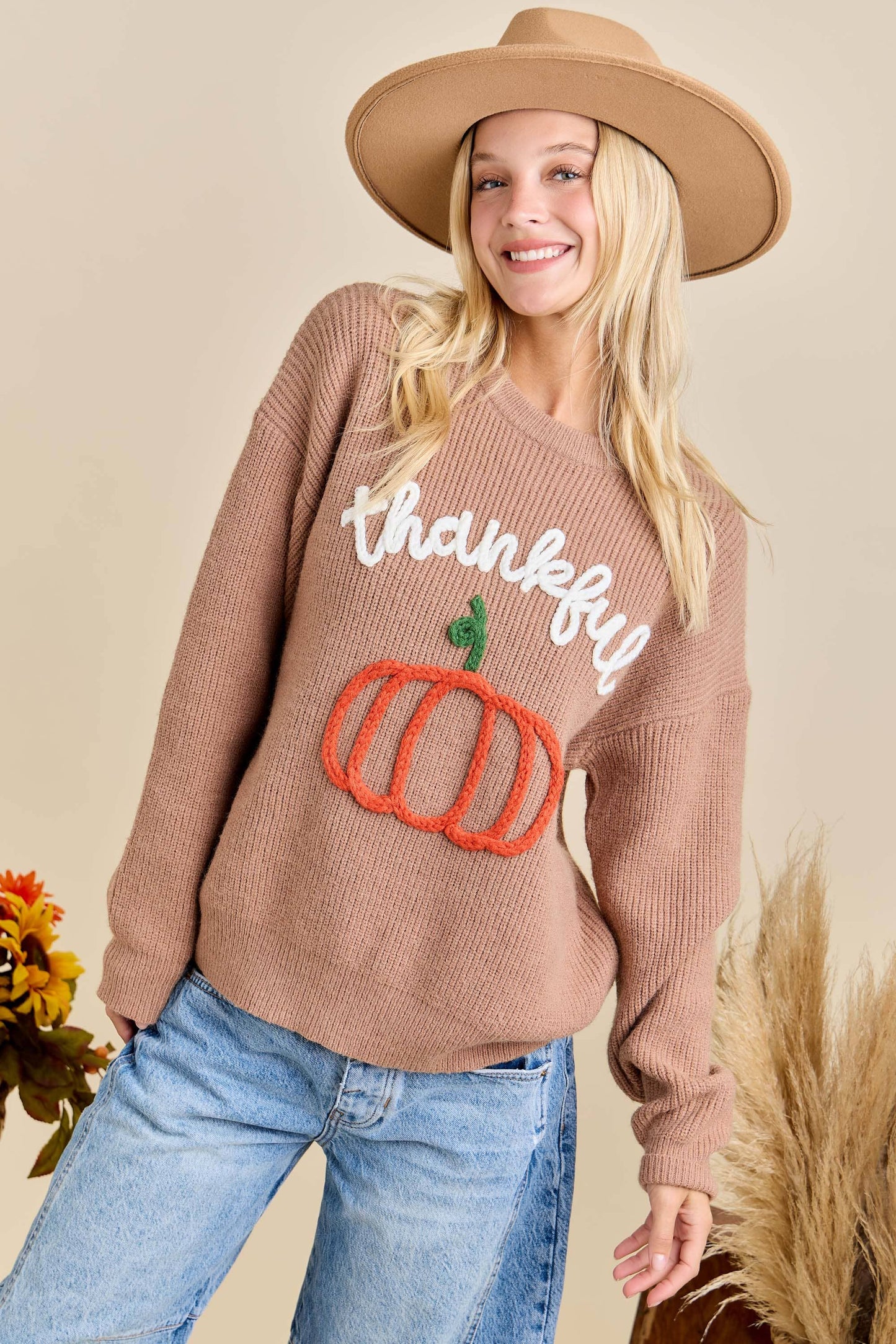 Thankful Pumpkin Embroidered Sweater