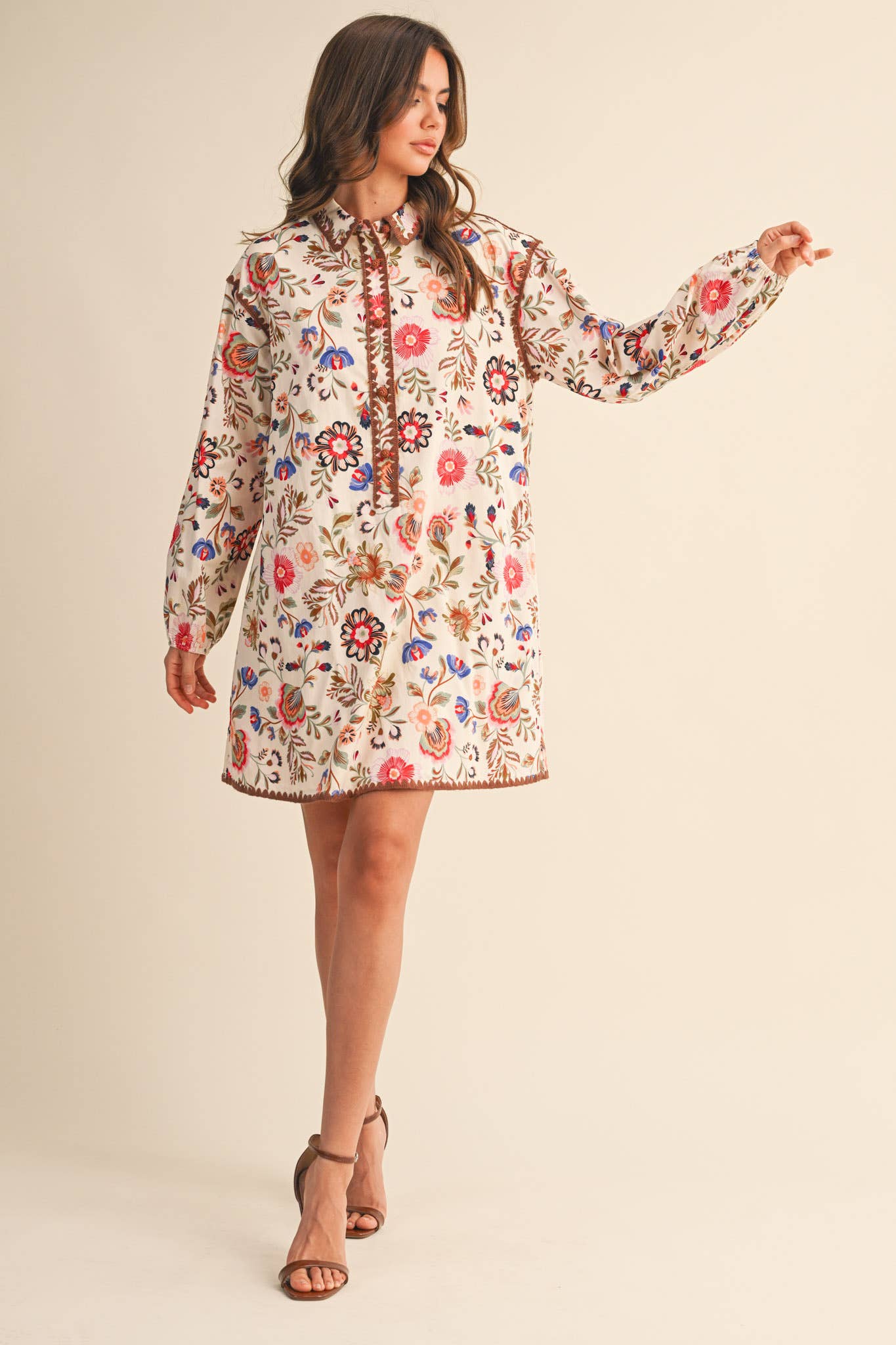 EXCLUSIVE PRINT BLANKET STITCH BUTTONED MINI DRESS