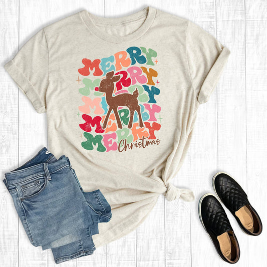 Retro Reindeer Merry Christmas Graphic Tee