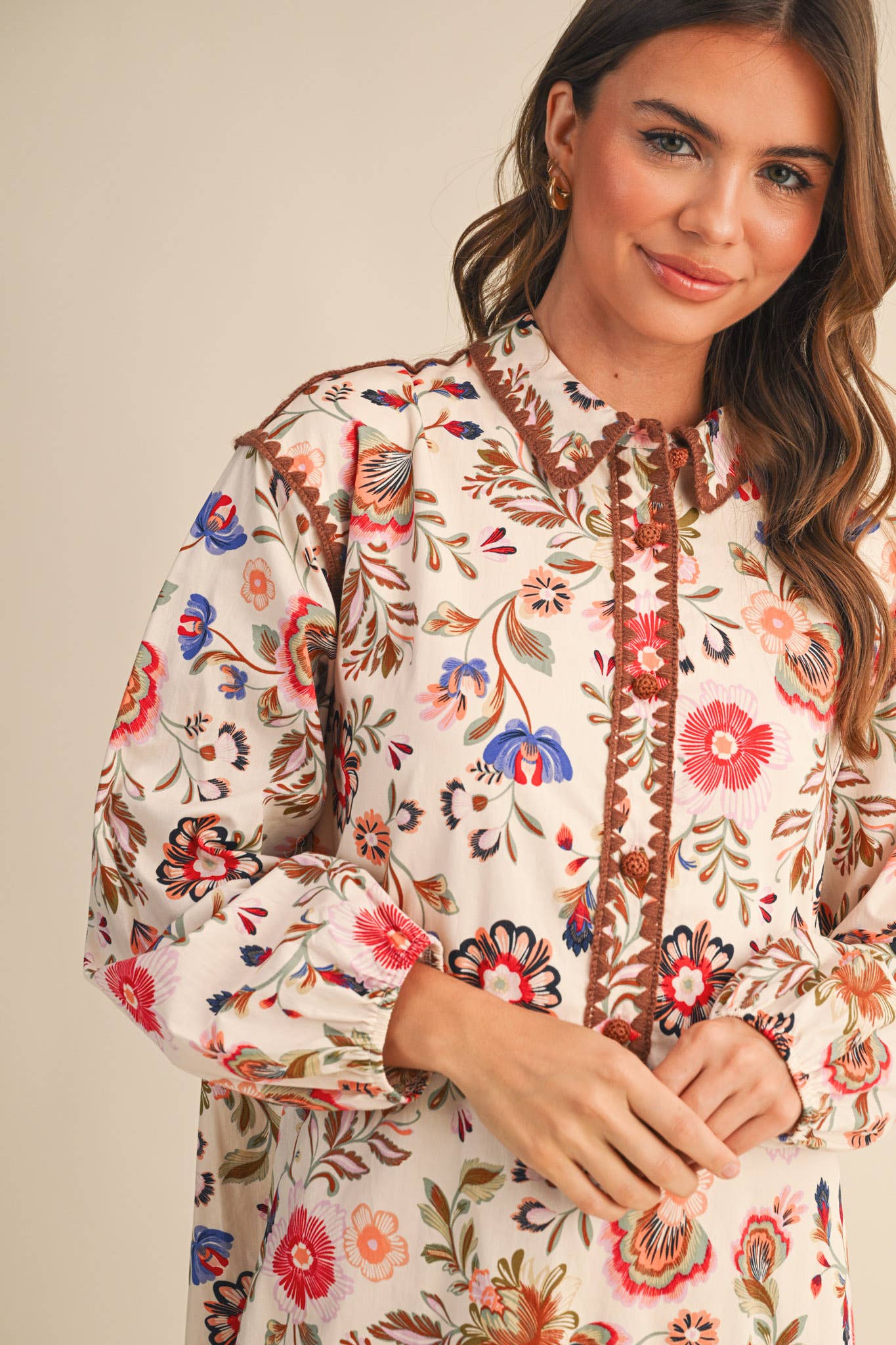 EXCLUSIVE PRINT BLANKET STITCH BUTTONED MINI DRESS