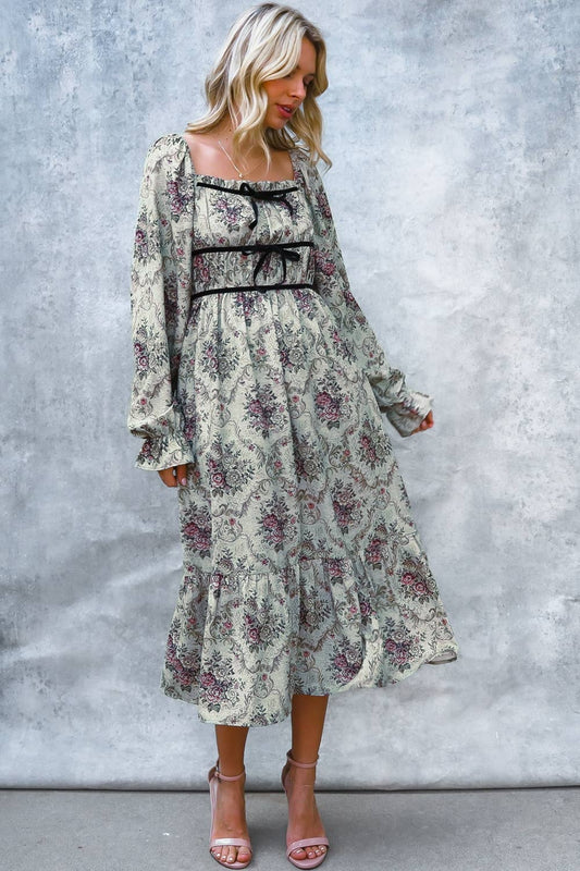 SHIRRED SMOCKING VINTAGE FLORAL PRINT MIDI DRESS
