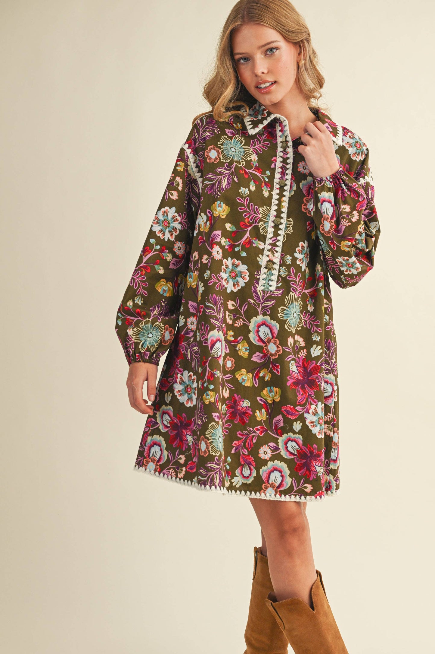 EXCLUSIVE PRINT BLANKET STITCH BUTTONED MINI DRESS